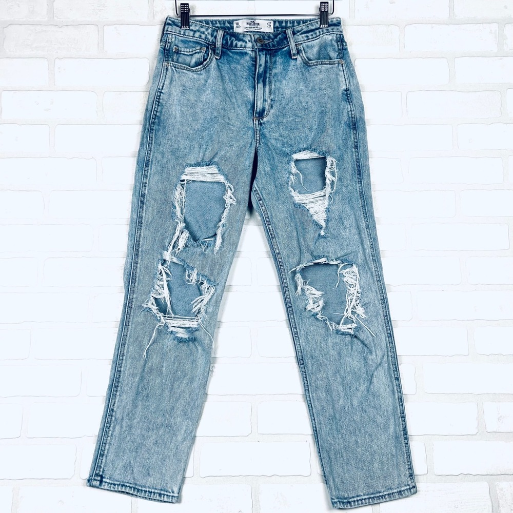 Hollister Curvy High Rise Mom Jeans Distressed Light‎ Wash Denim Womens 27/27 5R